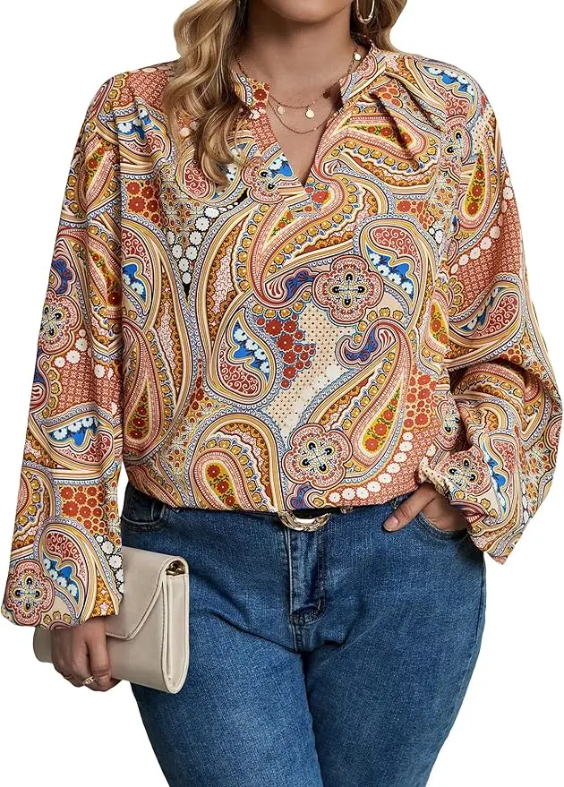 SOLY HUX 女士大碼全身印花 V 領長袖休閒襯衫