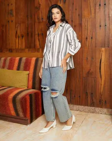 女士條紋寬鬆版型襯衫